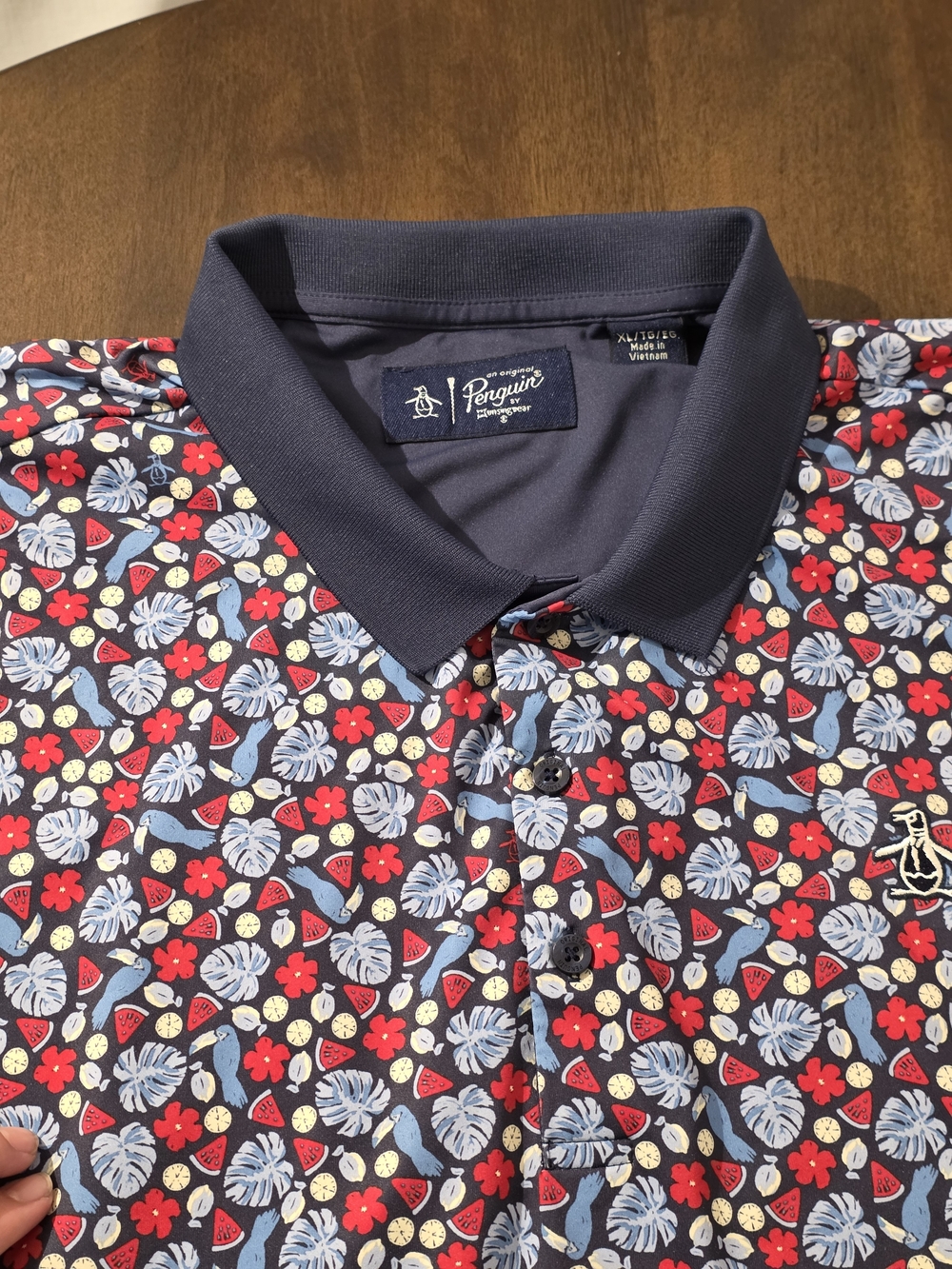 Original Penguin Navy Golf Polo with Red & Light Blue Tropical Print Sz XL.